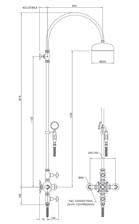 Lefroy Brooks La Chapelle Shower Mixer, 200mm Head & Handset - Nickel