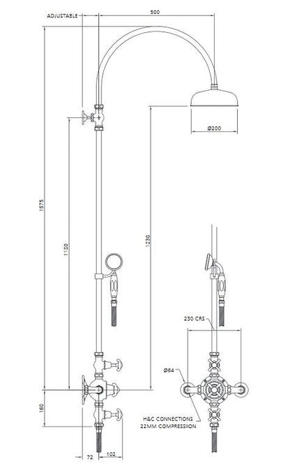 Lefroy Brooks La Chapelle Shower Mixer, 200mm Head & Handset - Chrome
