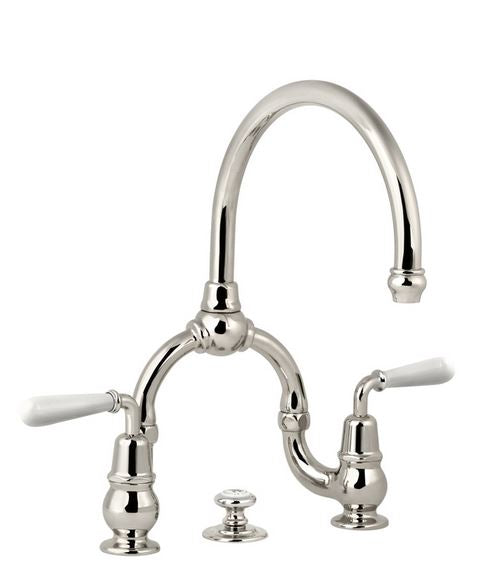Lefroy Brooks La Chapelle Basin Bridge Mixer With White Torpille Levers & Pop-Up Waste - Antique Gold