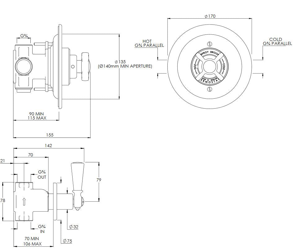 Lefroy Brooks Godolphin Concealed Archipelago Thermostatic Shower Mixer Valve With Choice Of Fixed Head (choose finish)
