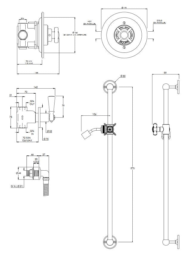 Lefroy Brooks Godolphin Concealed Archipelago Thermostatic shower Mixer Valve With Slide Bar & Choice Of Handset - GD8802NK Silver Nickel