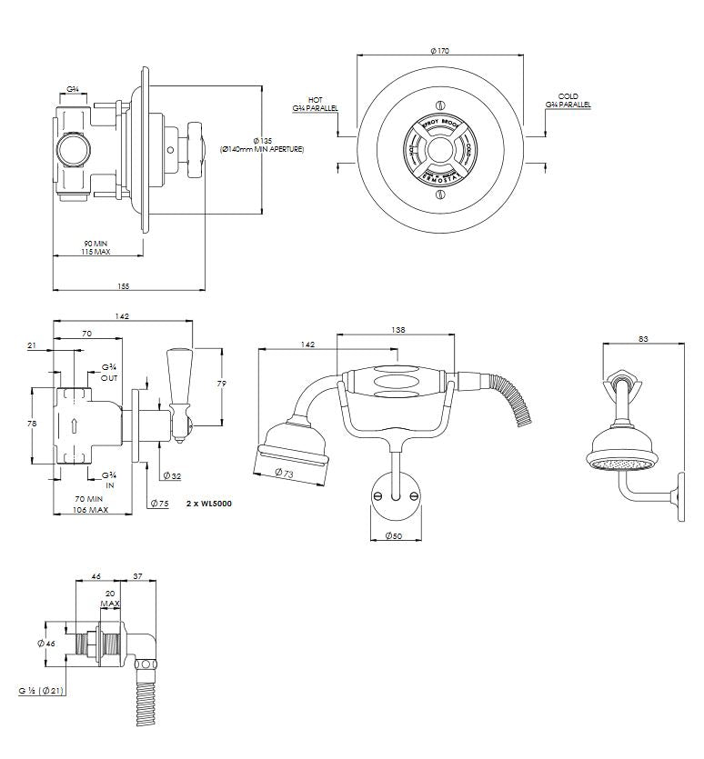 Lefroy Brooks Godolphin Concealed Archipelago Thermostatic Shower Mixer Valve & Shower Kit & Choice Of fixed Head - GD8803AG Antique Gold