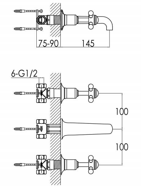 Just Taps Grosvenor Cross 3 Hole Wall Mounted Basin Mixer