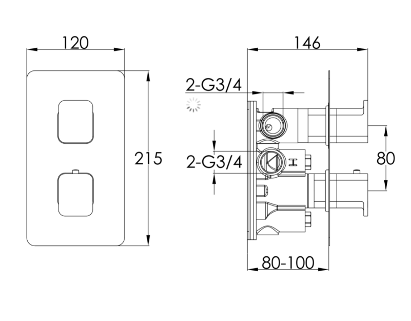 Hix Brushed Brass Thermostatic Shower Valve With 2 Outlets