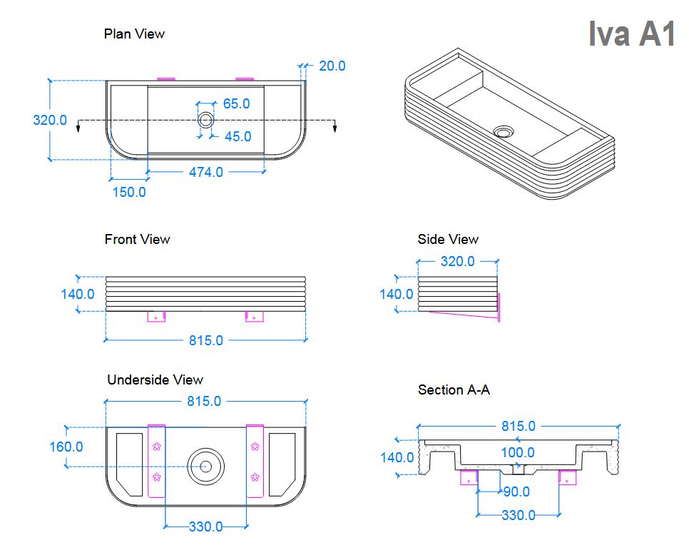 Kast Iva Basin 815mm x 320mm (Choose Colour)