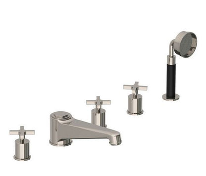 Lefroy Brooks Janey Mac Cross Handle Five Hole Bath Filler With Diverter & Pull Out Hand Shower - Antique Gold