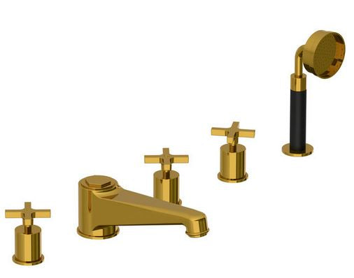 Lefroy Brooks Janey Mac Cross Handle Five Hole Bath Filler With Diverter & Pull Out Hand Shower - Silver Nickel