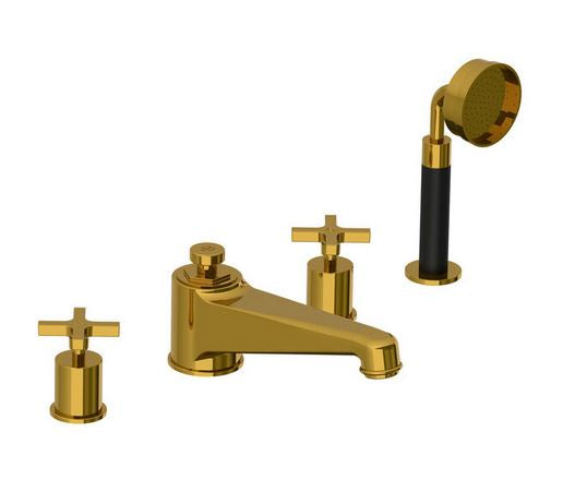 Lefroy Brooks Janey Mac Cross Handle Four Hole Bath Filler With Pull Out Hand Shower - Antique Gold
