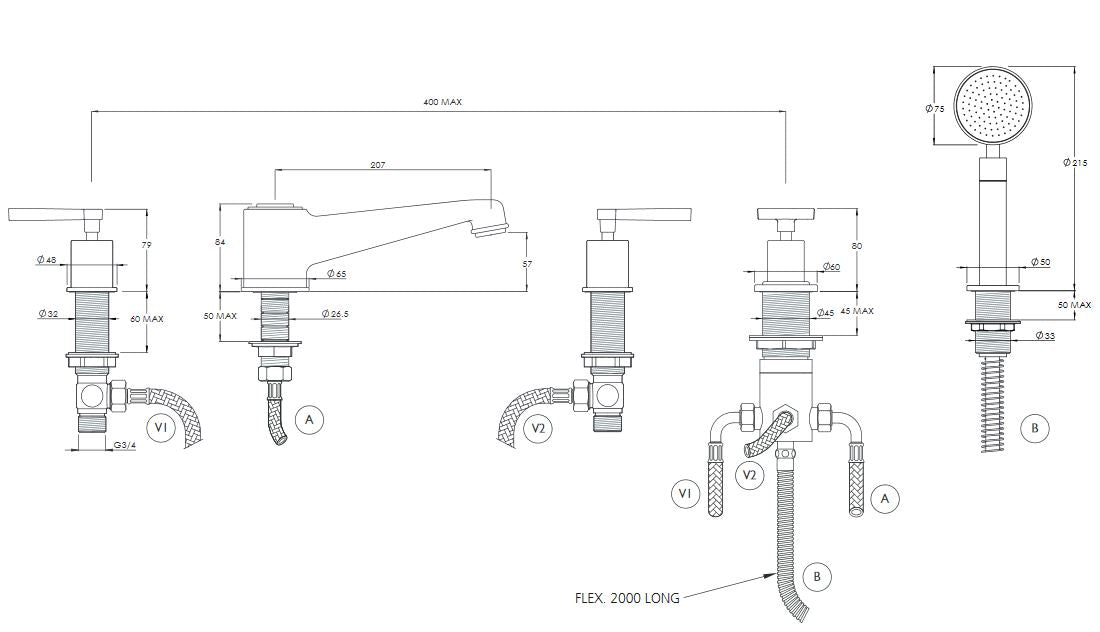 Lefroy Brooks Janey Mac Lever Handle Five Hole Bath Filler With Diverter & Pull Out Hand Shower JL1262NK Silver Nickel