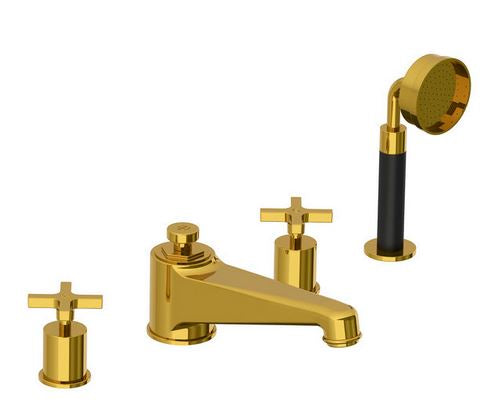 Lefroy Brooks Janey Mac Cross Handle Four Hole Bath Filler With Pull Out Hand Shower - Silver Nickel