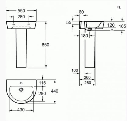 Essentials Arco 550mm Pedestal Basin With One Tap Hole