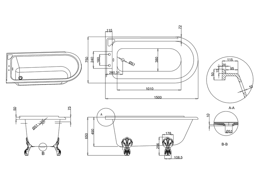 Hampton Showering 150cm Bath w/ White Luxury Claw Legs