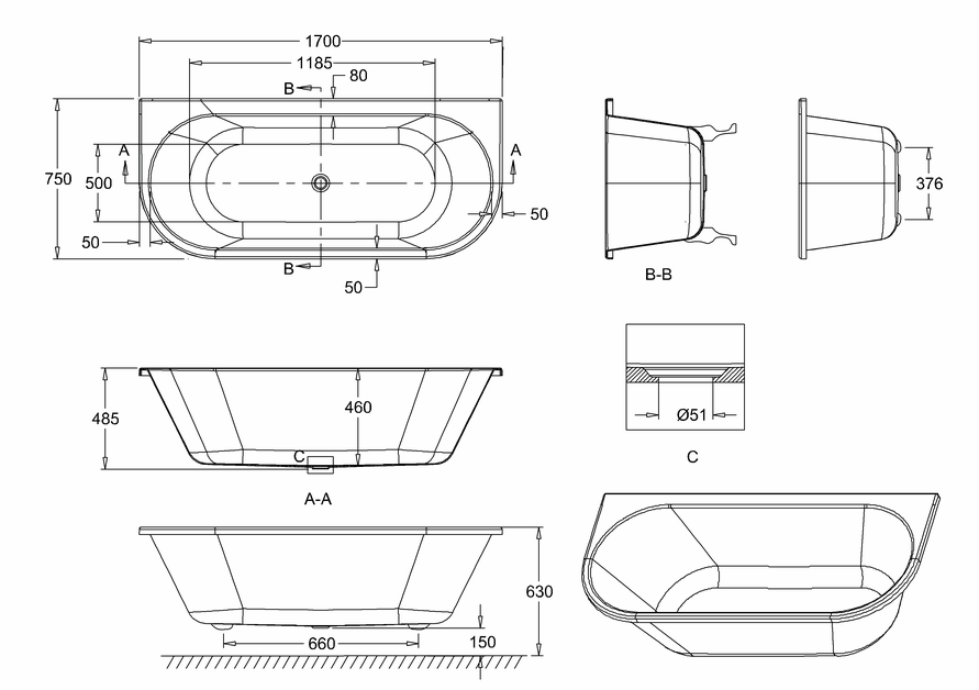 Burlington Avantgarde Roll Top Bath With Black Claw Feet