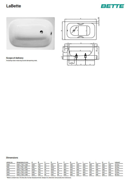 Bette Labette 1240 X 700mm White Steel Bath No Tap Hole