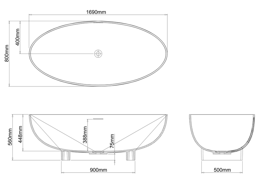 Clearwater Lacrima 1690x800mm Freestanding Double Ended Bath