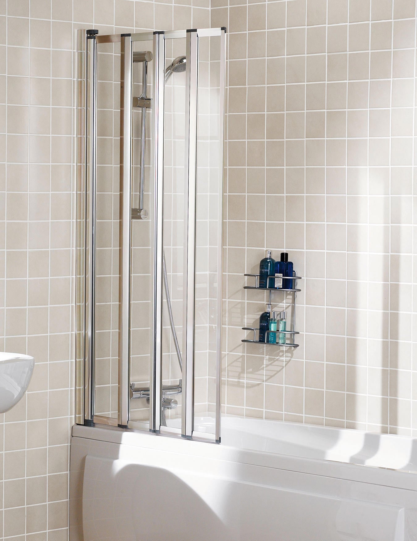 Lakes 4 Panel Framed Folding Bath Screen 1400 x 755mm Silver Frame Clear Glass