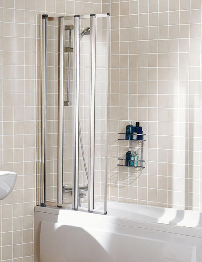 Lakes 4 Panel Framed Folding Bath Screen 1400 x 755mm Silver Frame Clear Glass