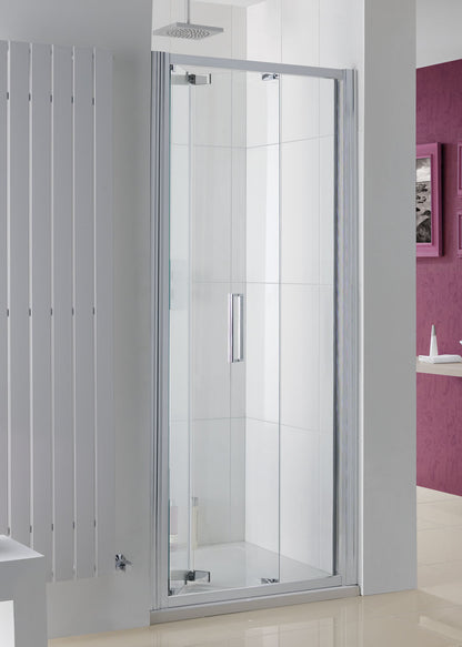 Lakes Bergen Semi Frameless 900mm Bi Fold Shower Door Silver Frame Clear Glass 8mm