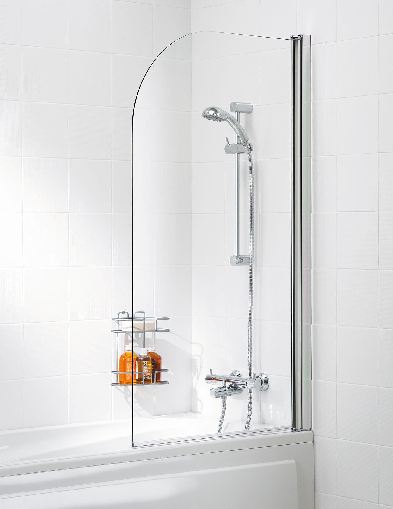 Lakes Curved Hinged Bath Screen 1400 x 800mm Silver Frame Clear Glass