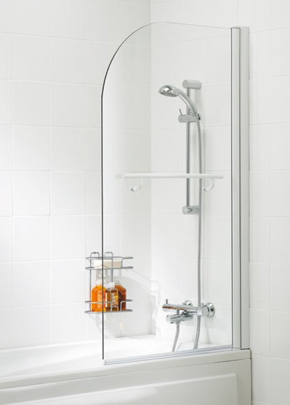 Lakes Curved Hinged Bath Screen With Towel Rail 1400 x 800mm Silver Frame Clear Glass