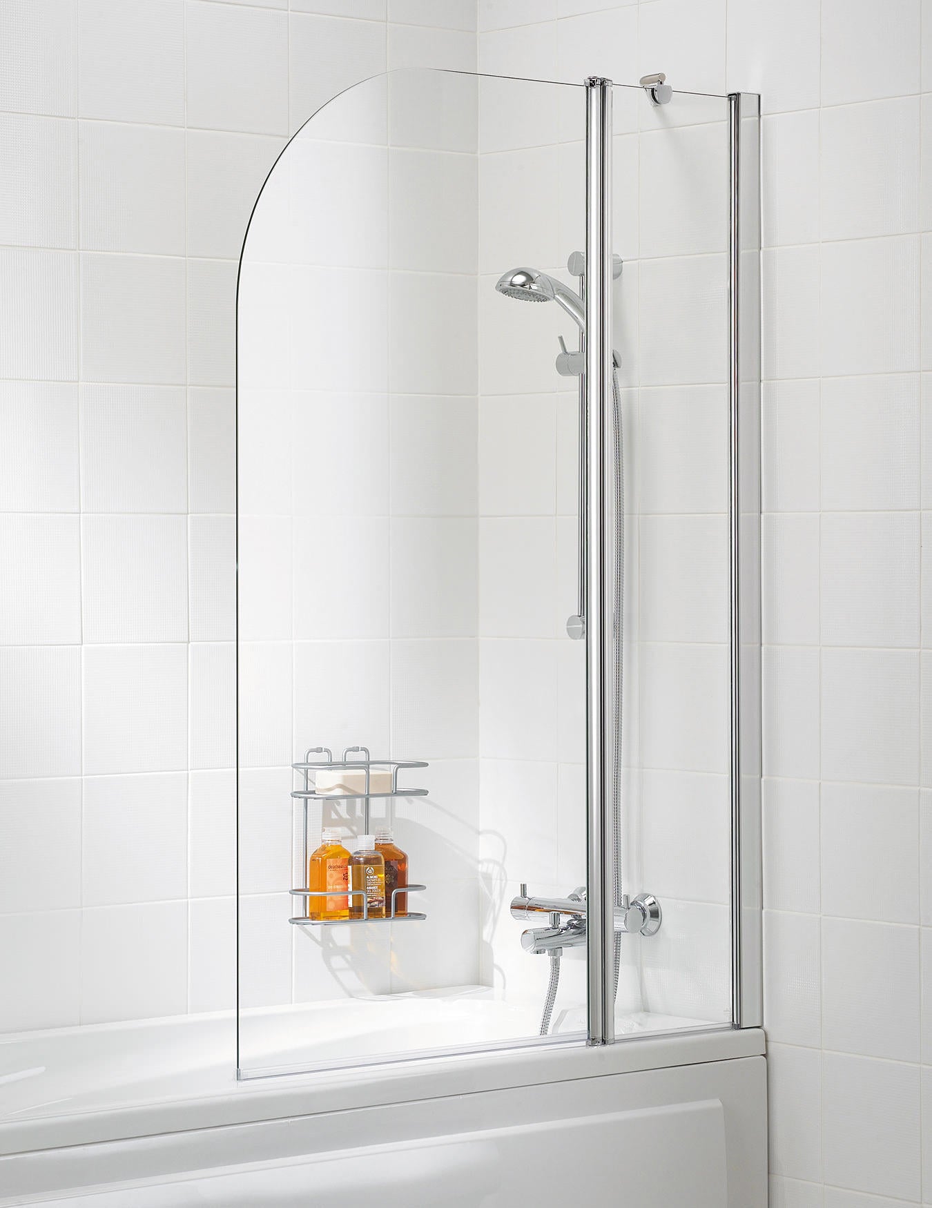 Lakes Curved Twin Panel Hinged Bath Screen 1400 x 1000mm Silver Frame Clear Glass