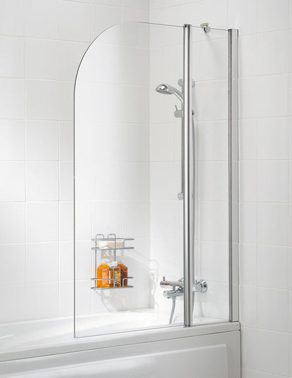 Lakes Curved Twin Panel Hinged Bath Screen 1400 x 1000mm Silver Frame Clear Glass