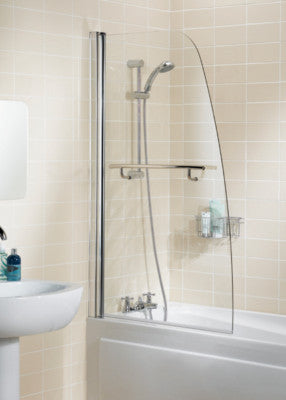 Lakes Sculpted Hinged Bath Screen With Towel Rail 1400 x 860mm Silver Frame Clear Glass