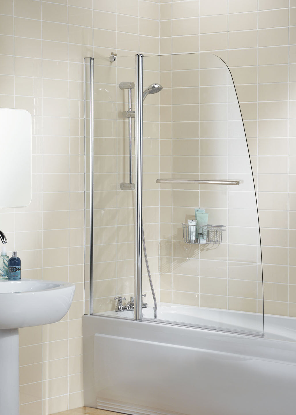 Lakes Sculpted Double Panel Hinged Bath Screen With Towel Rail 1400 x 1200mm Silver Frame Clear Glass