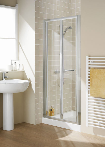 Lakes Semi Framless 700mm Bi Fold Shower Door Silver Frame Clear Glass 6mm