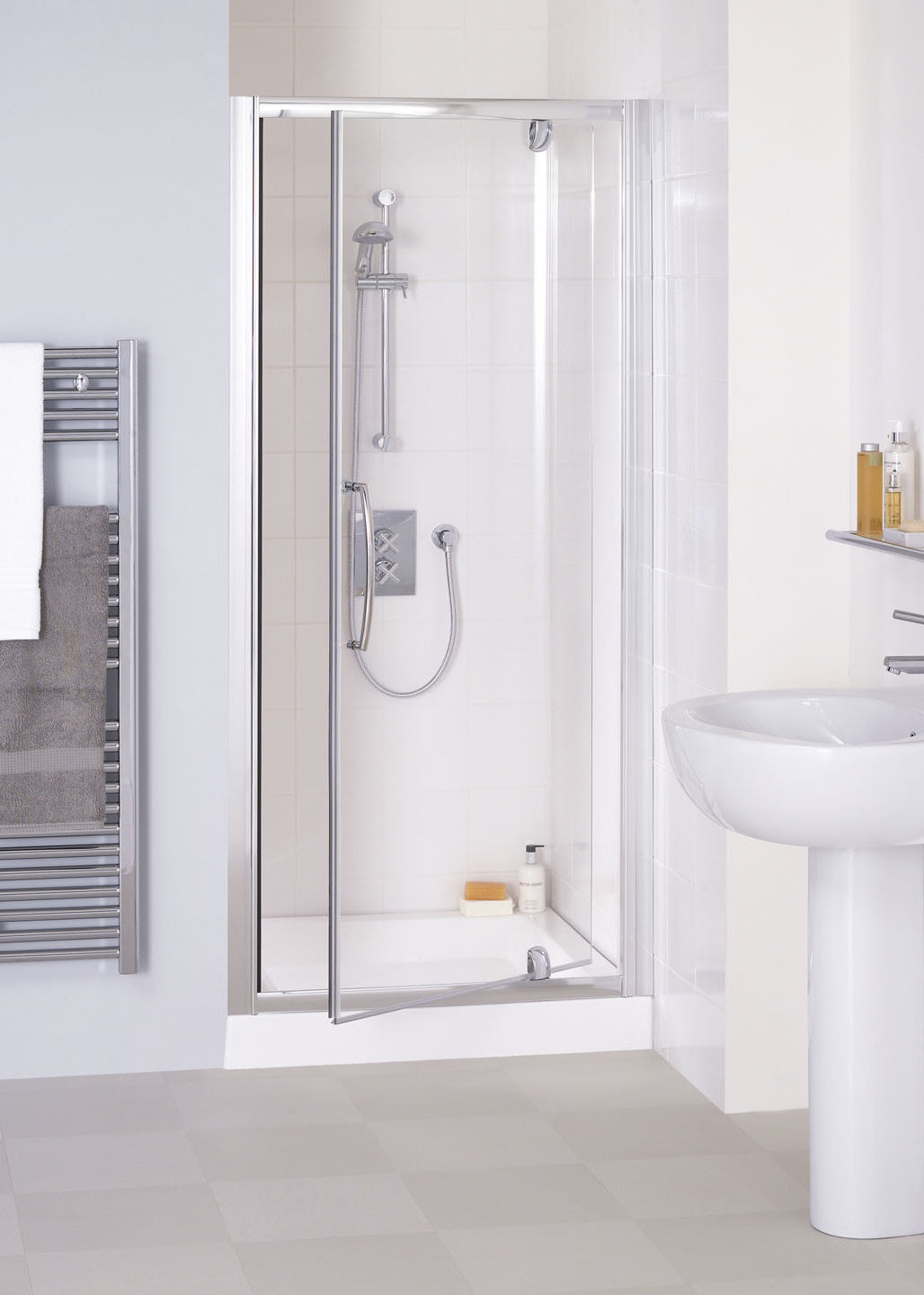 Lakes Semi Framless 750mm Pivot Shower Door Silver Frame Clear Glass 6mm