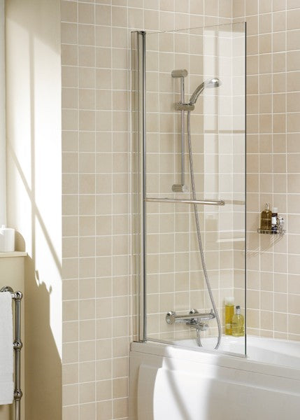 Lakes Square Hinged Bath Screen With Towel Rail 1500 x 800mm Silver Frame Clear Glass