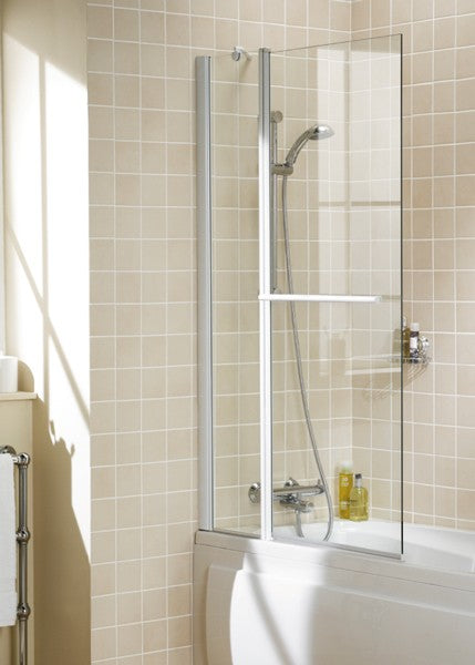 Lakes Square Twin Panel Hinged Bath Screen With Towel Rail 1500 x 970mm Silver Frame Clear Glass