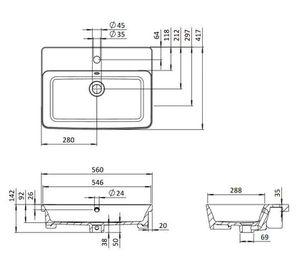 Crosswater Libra 56x42 Semi Recessed Basin 1TH