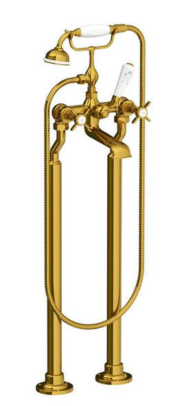 Classic Floor Standing Bath Shower Mixer & Stand Pipes - Antique Gold
