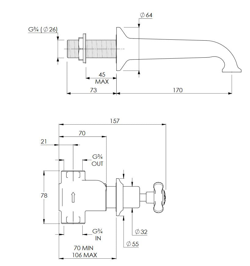 Lefroy Brooks Classic 3 Hole Wall Mounted Bath Filler (choose finish)