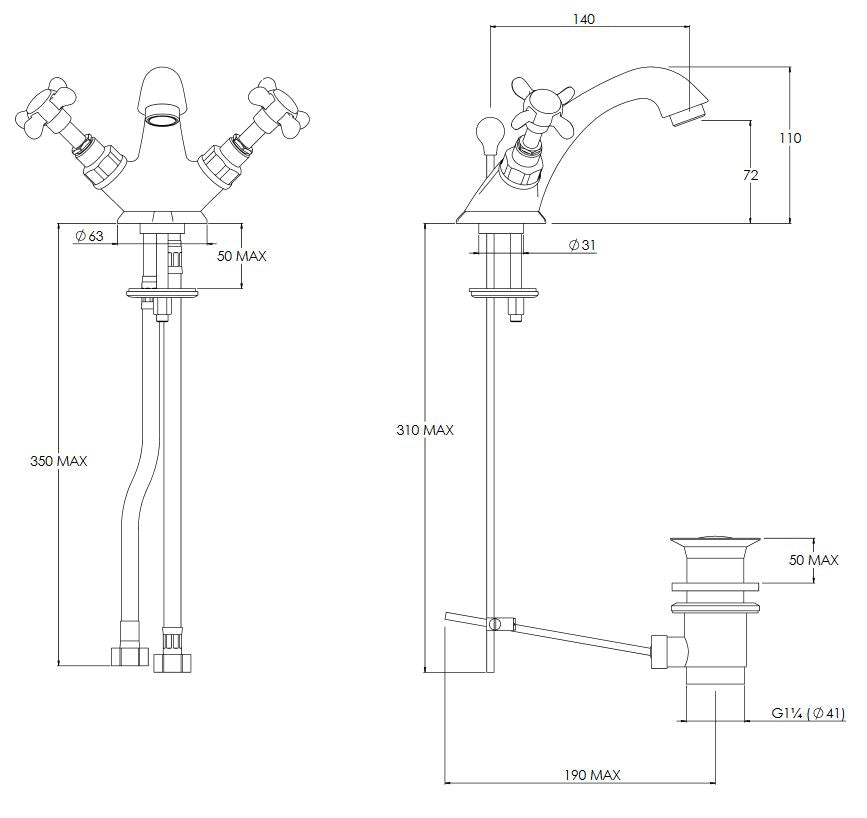 Lefroy Brooks Classic Monobloc Basin Mixer with Pop Up Waste - Polished Brass