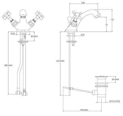 Lefroy Brooks Classic Monobloc Basin Mixer with Pop Up Waste - Polished Brass