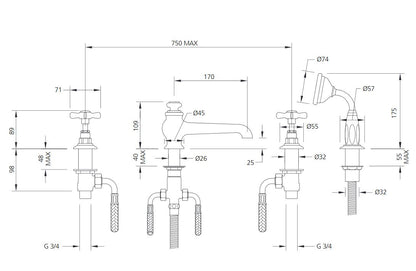 Lefroy Brooks Classic 4 Hole Bath Shower Set - (choose finish)
