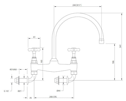 Lefroy Brooks Classic Wall Mounted Bridge Kitchen Sink Mixer (choose finish)