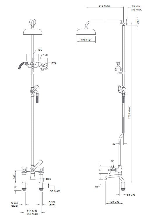 Lefroy Brooks Classic Exposed Bath Shower Mixer & 200mm Shower Rose (choose finish)