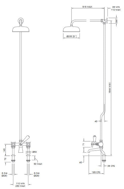 Lefroy Brooks Classic Deck Mounted Bath Shower Mixer 200mm Shower Rose (choose finish)
