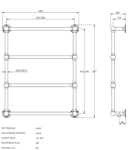Lefroy Brooks Classic Wall Mounted Ball Jointed Heated Towel Rail (838Hx686W) Dual Fuel - Chrome