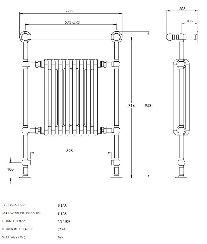 Lefroy Brooks Classic Heated Towel Rail with White Cast Iron Inset Radiator (953Hx669W) Duel Fuel - Chrome