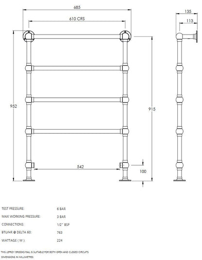 Lefroy Brooks Classic Floor Mounted Ball Jointed Heated Towel Rail (953Hx686W) - Chrome