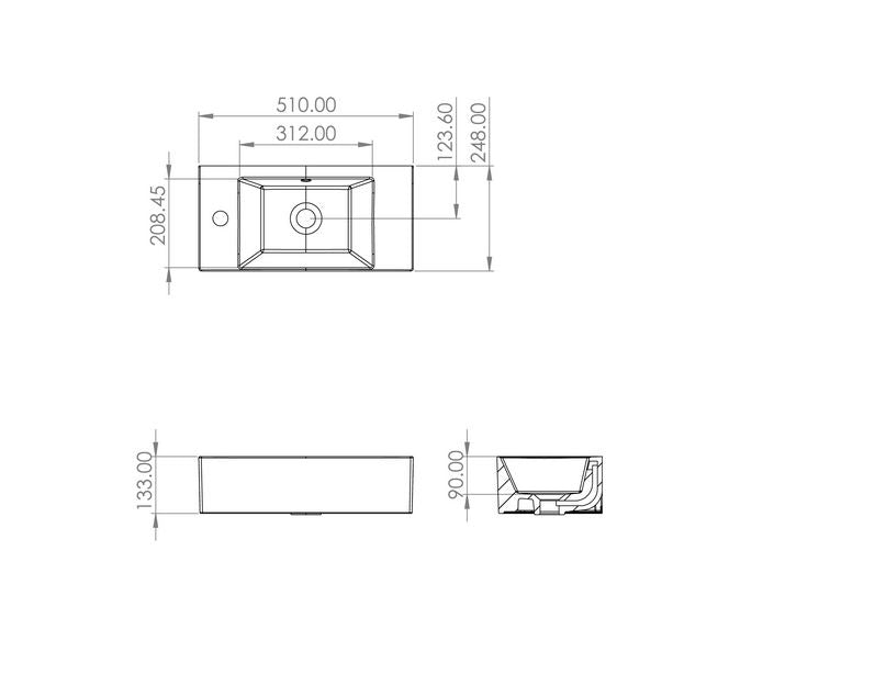 Saneux MATTEO 510 x 250 Cloakroom Washbasin One Tap Hole Left Hand