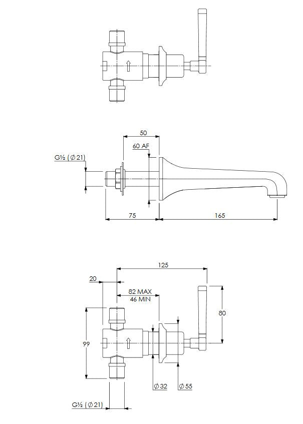 Lefroy Brooks Mackintosh Wall Mounted Basin Mixer With Black Levers MB1200NK SIlver Nickel