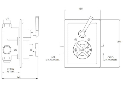 Lefroy Brooks Mackintosh Concealed Thermostatic Shower Mixing Valve Black Lever  - MB8706AG Antique Gold