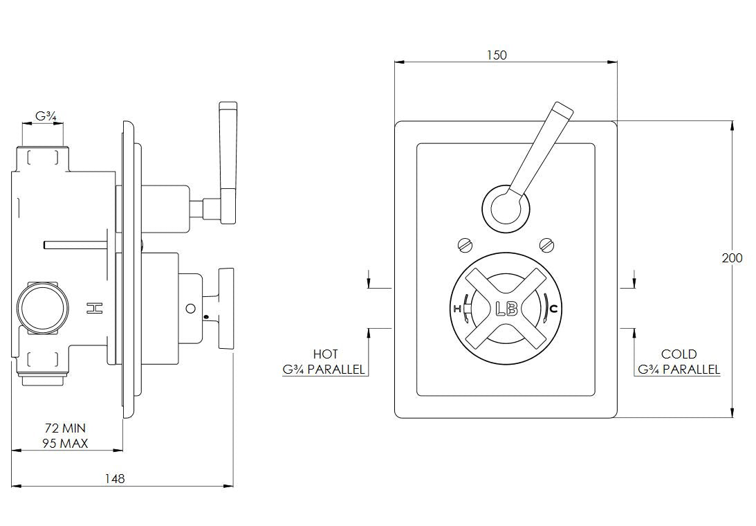 Lefroy Brooks Mackintosh Concealed Thermostatic Shower Mixing Valve Black Lever  - MB8706CP Chrome