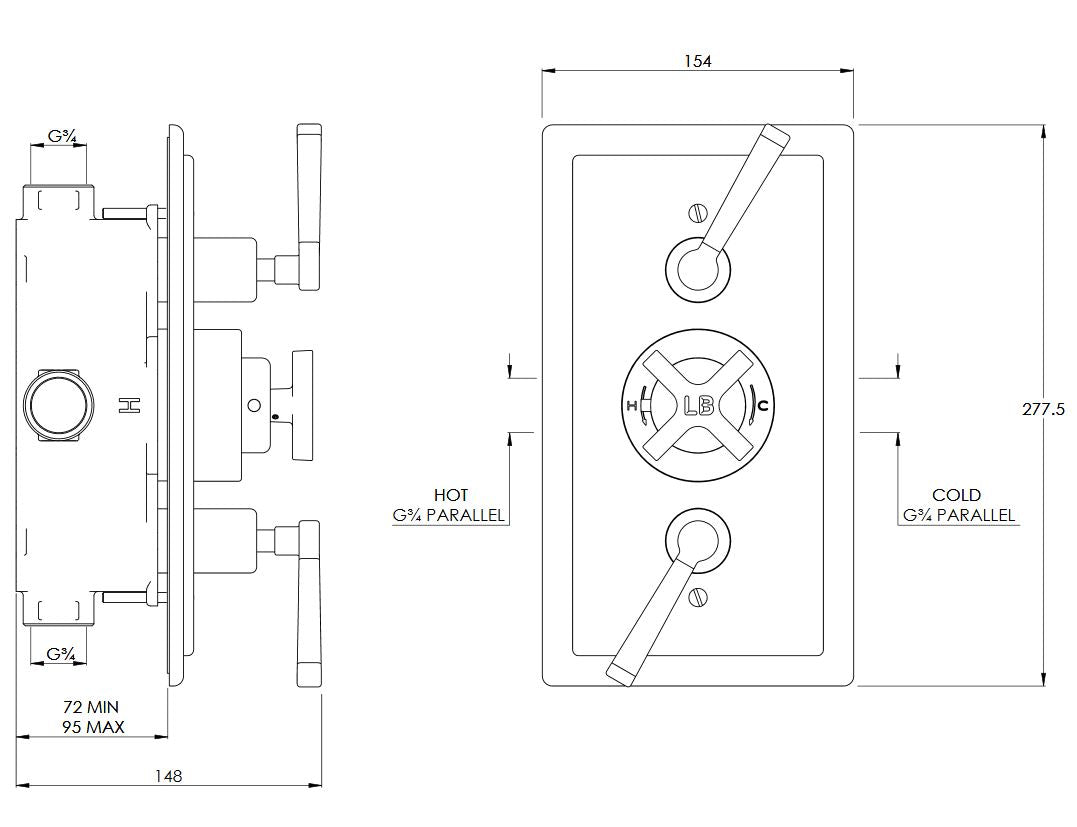 Lefroy Brooks Mackintosh Black Lever Concealed Dual Control Thermostatic Valve - Silver Nickel
