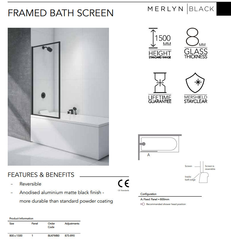 Merlyn Black Framed Fixed Bath Screen